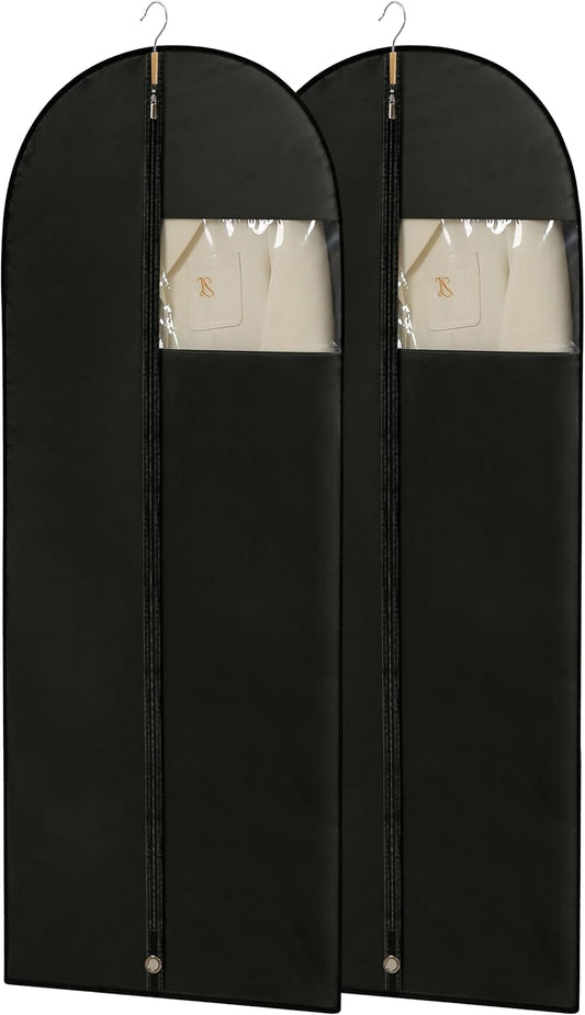 Dress Bags for Gowns, 65'' Long Garment Bags for Hanging Clothes, Dress Garment Bag, Black Dress Bag with Clear Window for Dresses, Coats, Uniforms（2 Packs）