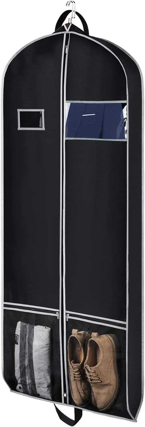 Zilink Long Dress Garment Bags for Travel 60" Dress Suit Cover for Storage with 2 Large Mesh Pockets and a PVC Card Holder, Black