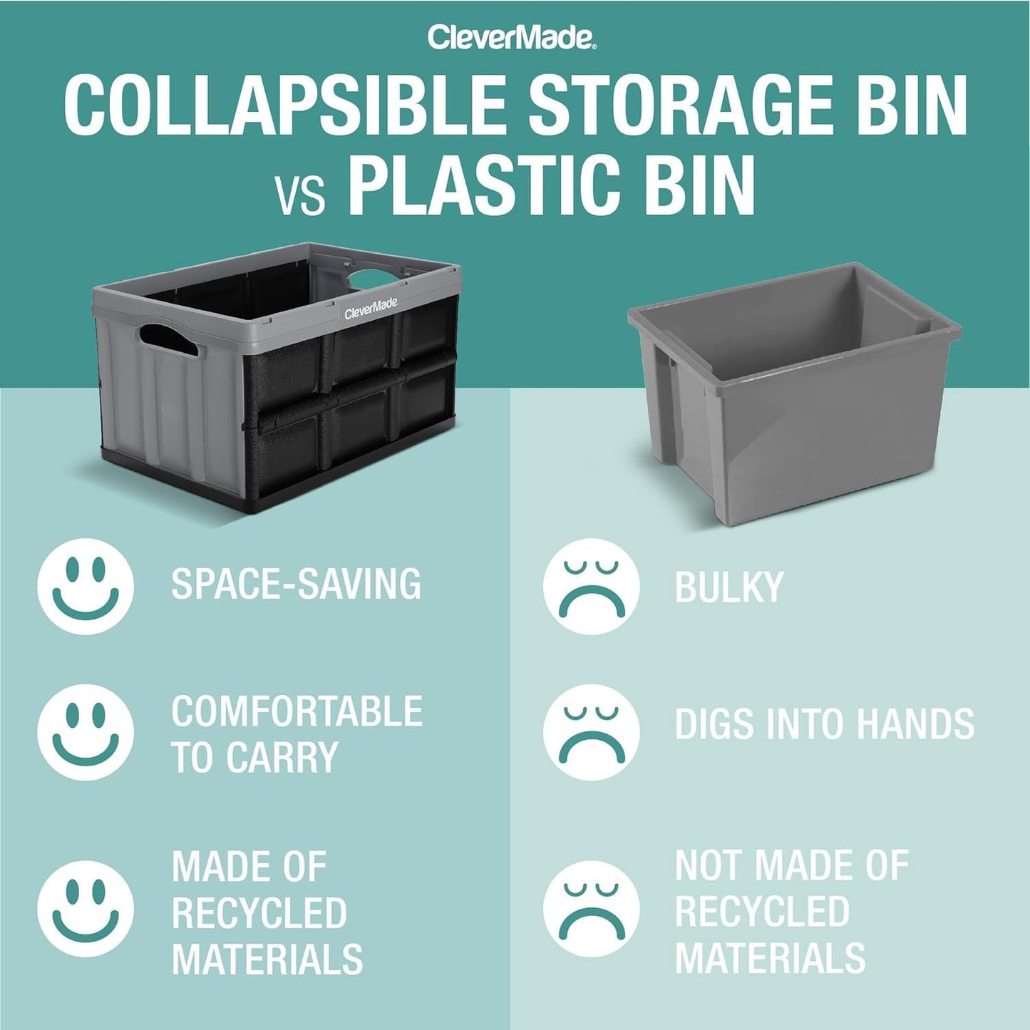 CleverMade Collapsible Storage Bins - Obsidian 3 Pack 46L - Stackable Containers Heavy Duty Capacity Folding Crates - Space-Saving for Home