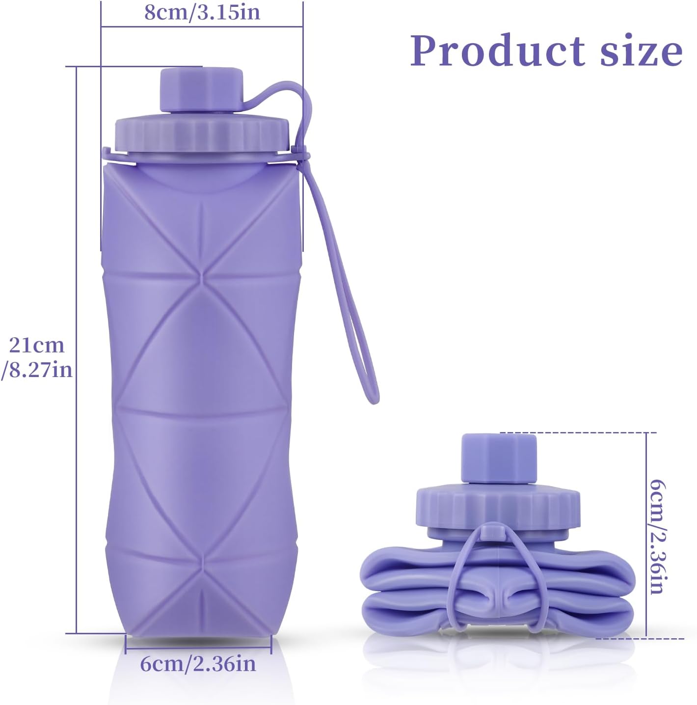 YCT Collapsible Silicone Travel Water Bottle 20oz (600ml), Reuseable Leakproof BPA Free Foldable Sports Bottle, with Carrying Strap, Dark Gray + Purple