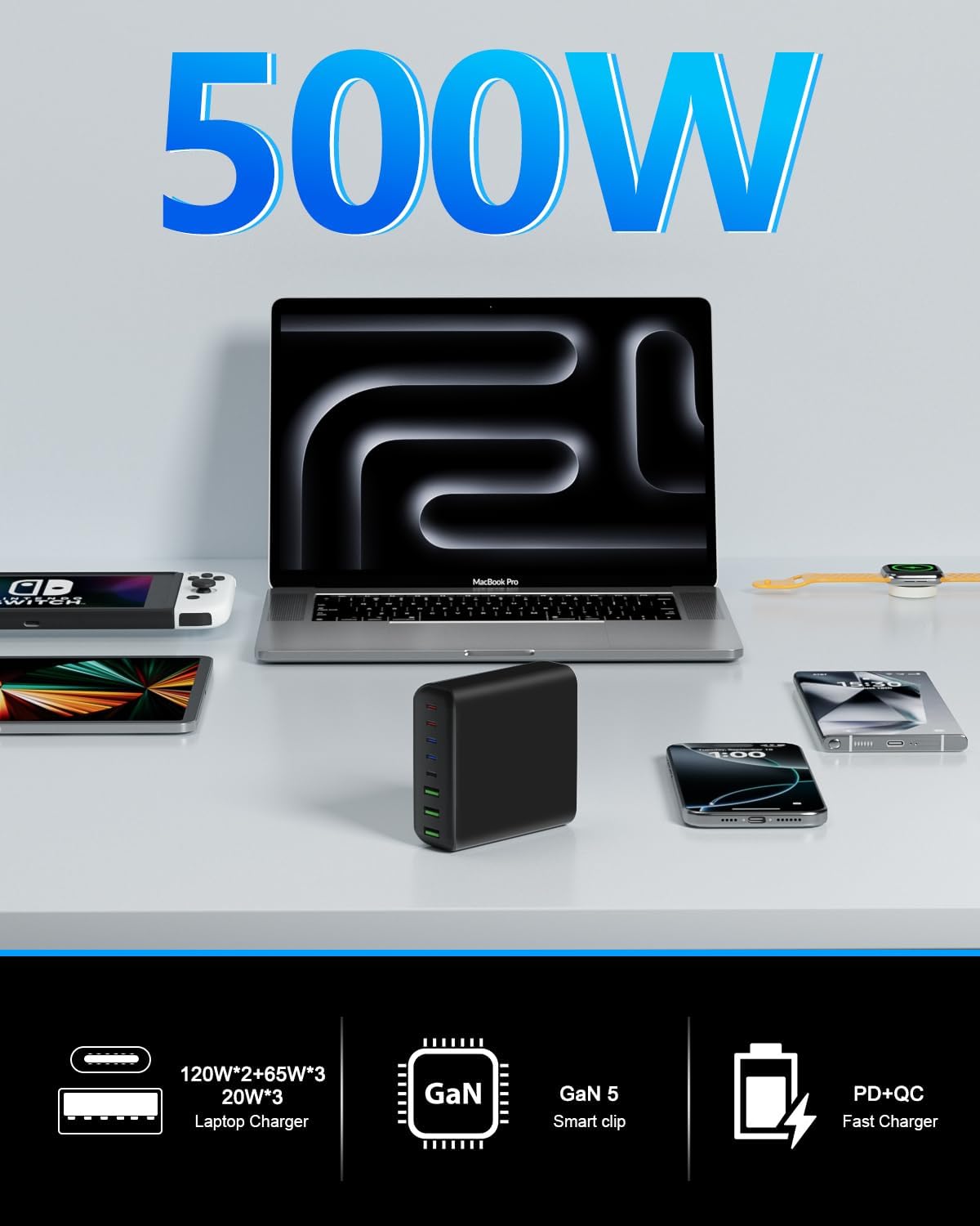 500W USB C Charger Block, 8-Port USB C Charging Station Fast Charging PD 120W PC Laptop Charger Adapter Compatible with MacBook Pro/Air/All iPad,DELL, iPhone 16/15/14/13/Pro Max/Galaxy