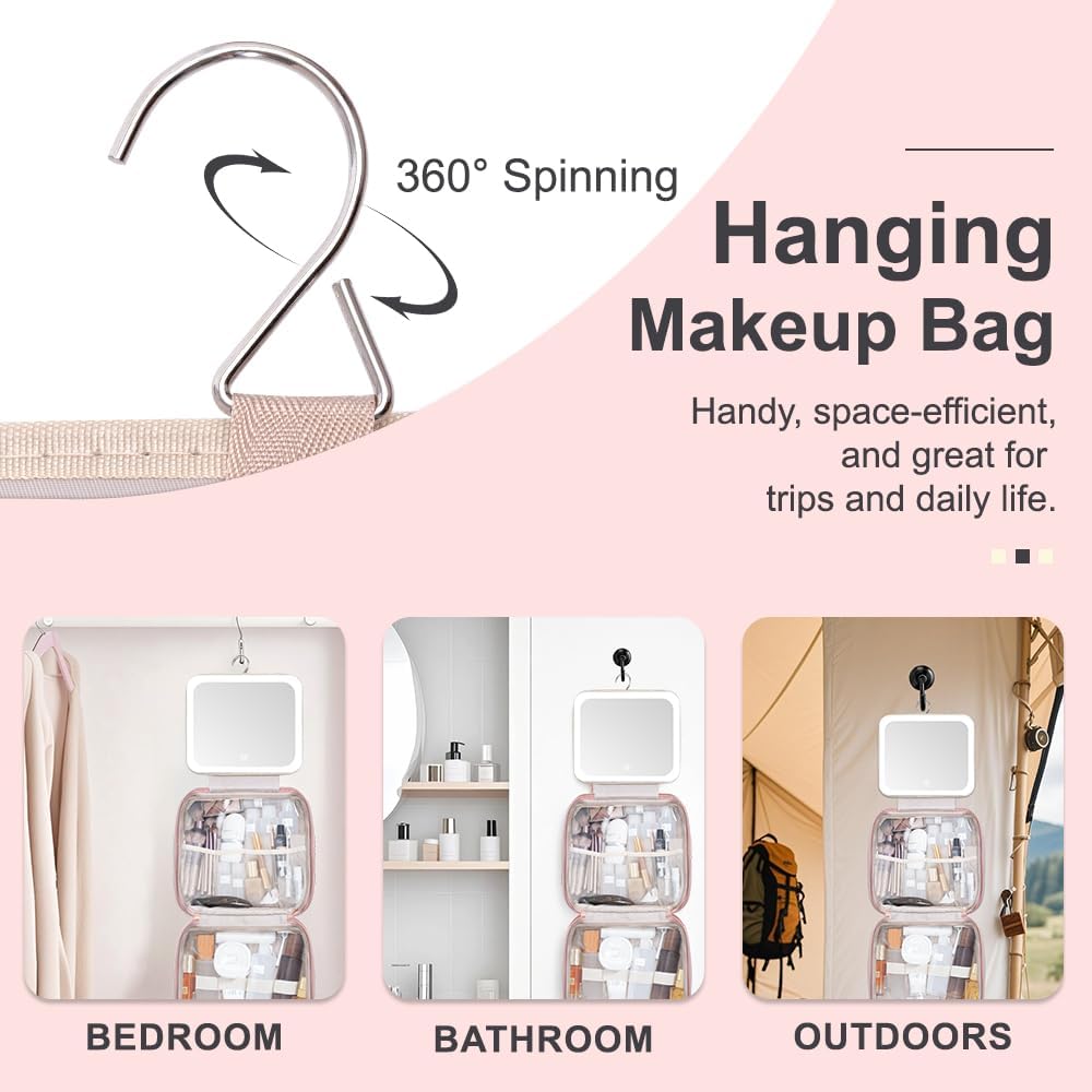 Glint&Glide Travel Makeup Bag with LED Lighted Detachable Mirror, Tri-light Dimmable - Hanging Multi-Compartment Organizer for Women, Portable Cosmetic Case with Four Divided Storage, Pink