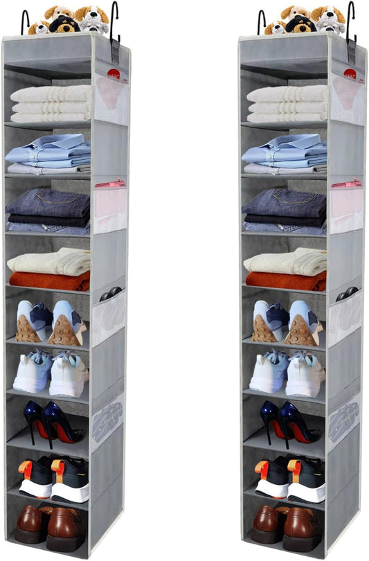 2 Pack Large-Sized Hanging Shoe Organizer 10-Shelf, Sturdy Hanging Closet Organizer with 8 Side Pockets, Wider Hanging Shelves for Storage Shoes Clothes Jeans Shirts Toys, Grey.