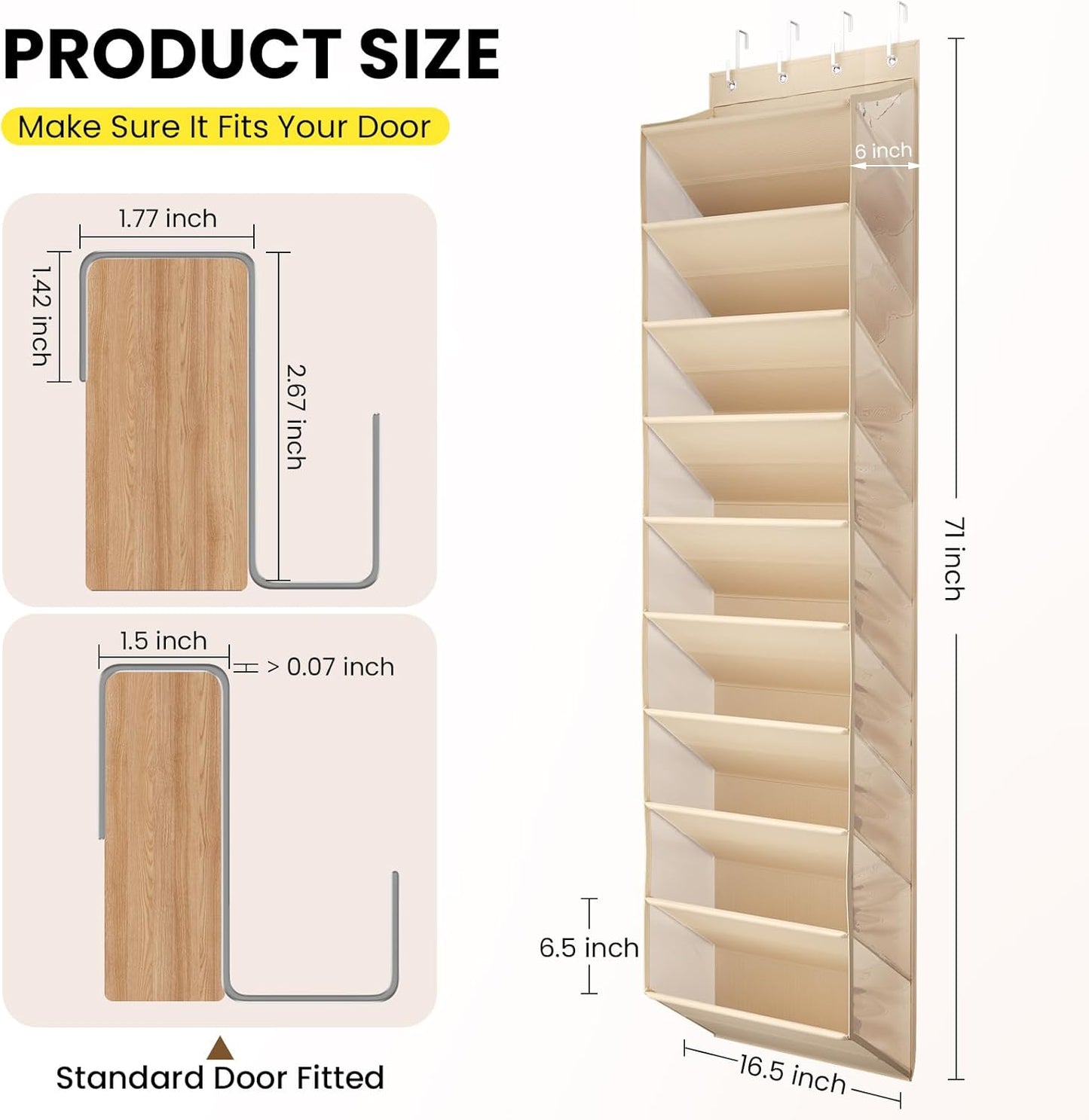 Over the Door Shoe Organizer for Closet, Shoes Rack with 10 Tier PVC Window Deep Pockets, Hanging Shoe Organizers for Boot Storage, Behind the Door Narrow Shoe Holder for Small Shoes, Beige