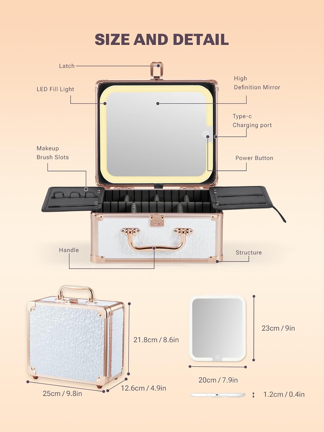 Qislee Makeup Box with A Detachable Lighted Mirror, Waterproof Travel Train Case, Cosmetic Organizer and Makeup Suitcase with Adjustable Dividers, Magnetic LED Mirror(Bright White)