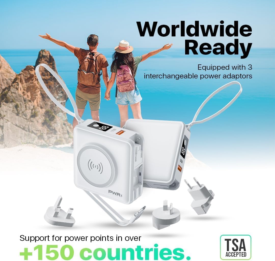 PWR Travel PRO 5-in-1 Power Bank with Case Included – 10,000mAh with Built-in Cables – 20W USB-C + 15W Wireless Charging – Compact Portable Charger for iPhone & Android - White