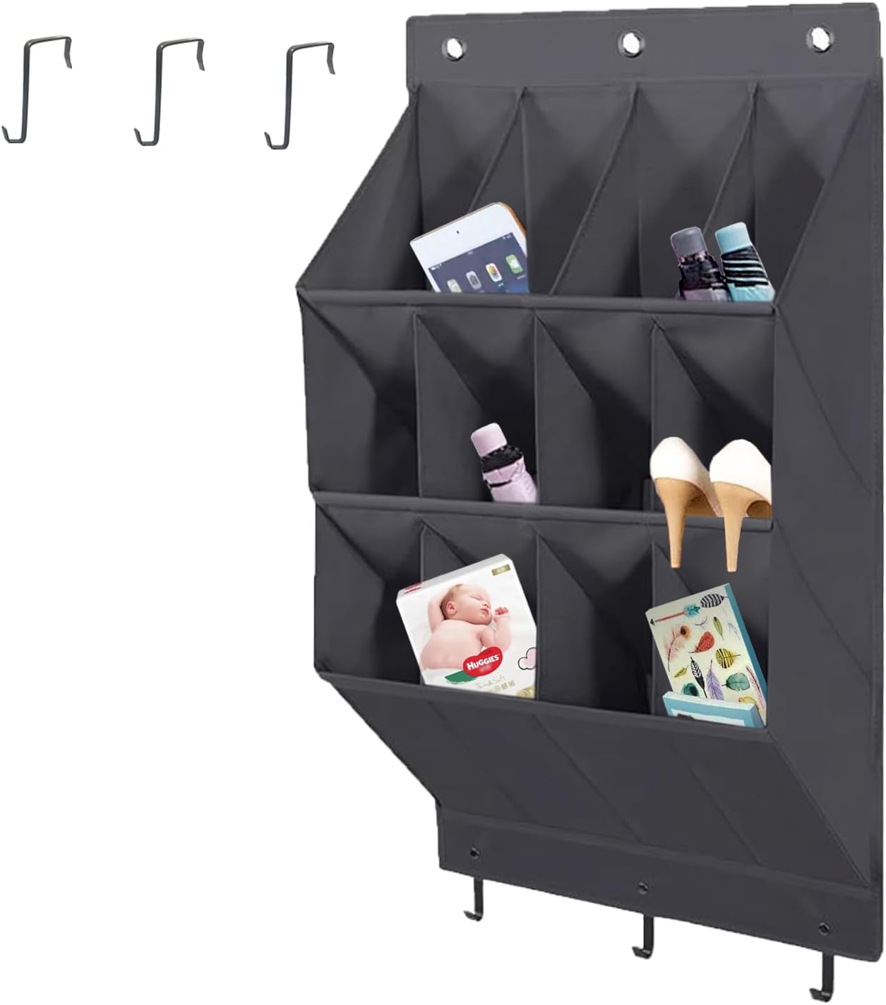 Over the Door Shoe Organizer, 12 Pockets Hanging Shoe Storage Rack with Large Deep Pockets, Oxford 600D Fabric Grey Shoe Storage Rack with 6 hook for Shoes, Slipper,Home Accessories etc-Black