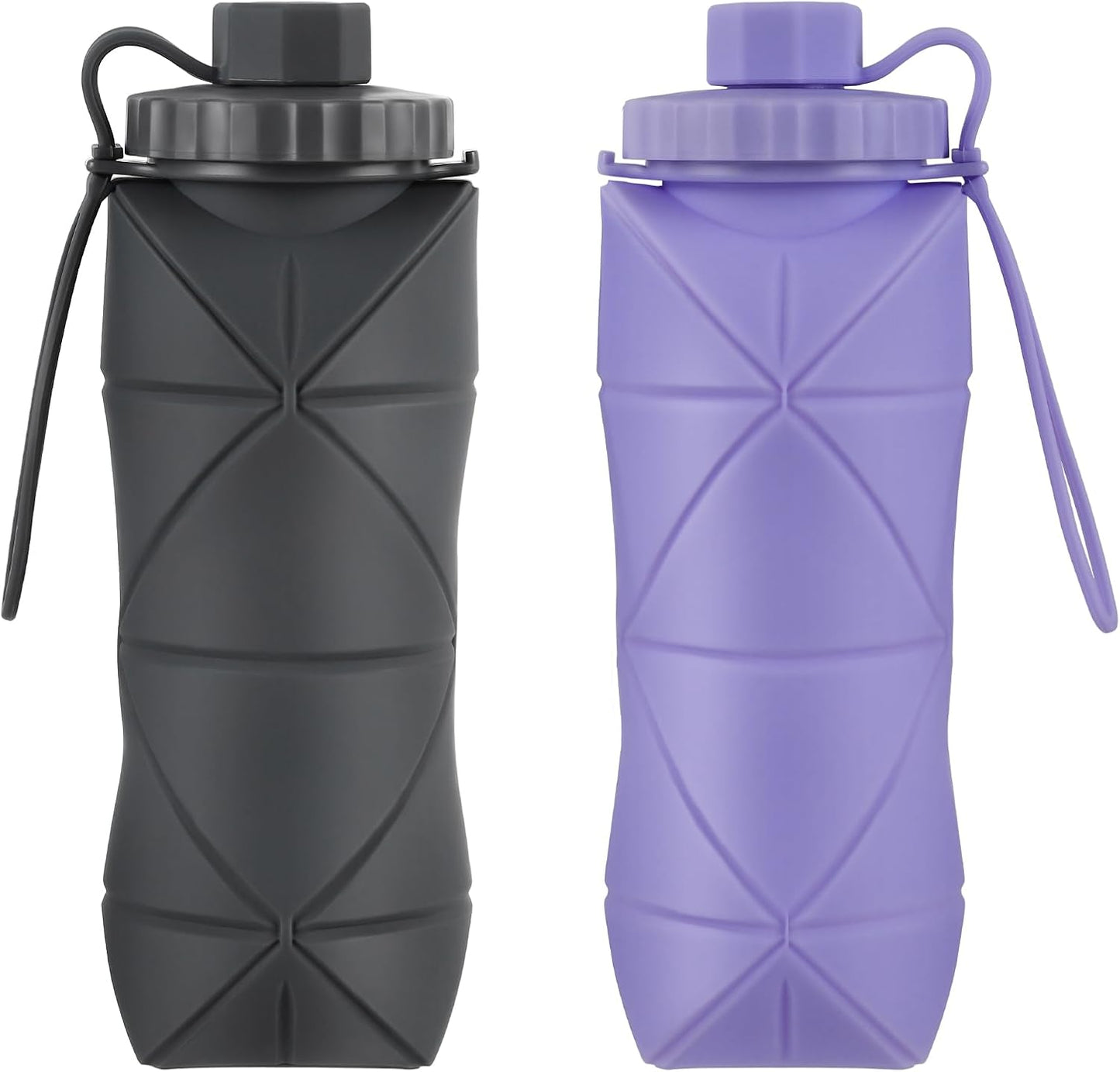 Silicone Collapsible Water Bottles,Lightweight Reusable Leakproof For Traveling Camping Hiking Cycling Sports Outdoor,Foldable Portable Travel Water Bottle 600ML Dark Grey And Purple 2Pack.