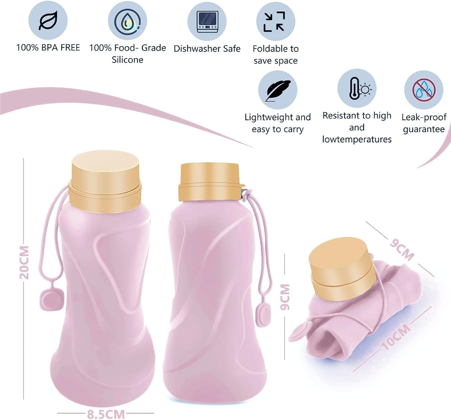 Collapsible Water Bottles,650ml,Leak Proof,Reuseable BPA Free Silicone Foldable Water Bottles,Durable Lightweight for Travel Gym Camping Hiking,Compact Size Portable Sports Water Bottle (Purple)