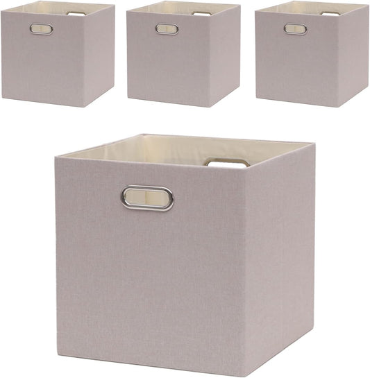 Cube Storage Bins 13×13 Linen Foldable Box with Handles, Collapsible Organization Basket Set of 4 Large Capacity Drawer for Closet Shelf Cabinet Bookcase Bedroom, Beige Sepia