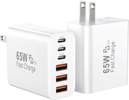 USB C Fast Charging Block, 65W USBC Multi Port Charger Blocks 6-Ports PD & QC Charging Cube Brick Power Adapter Type C Wall Chargers for iPhone 16/15/14/13/12/Pro Max, iPad Pro/Air, Samsung Galaxy S25