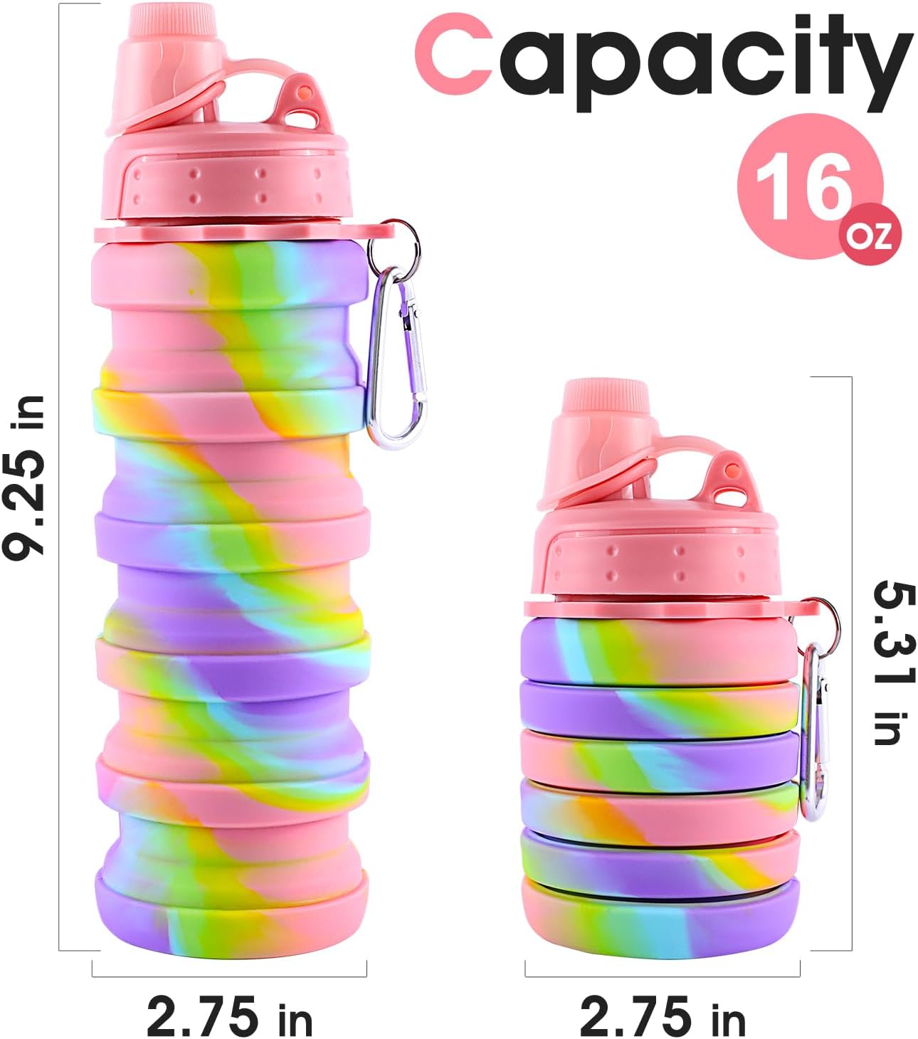 Collapsible Water Bottles for Travel, Foldable Sports Water Bottle for Kids, Reusable Water-proof Silicone Water Bottles with mountaineering Buckle for Camping Hiking Holiday
