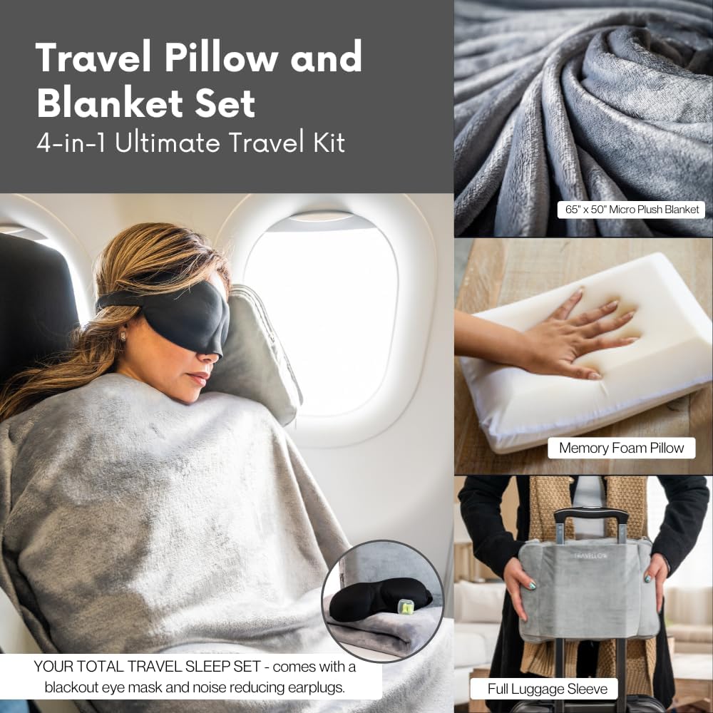 Travel Pillow and Blanket Set - 4-in-1 Ultimate Travel Kit with Memory Foam Pillow, Travel Blanket, Sleep Mask, and Earplugs-Ultimate Comfort and Coziness for Your Journeys - Blue