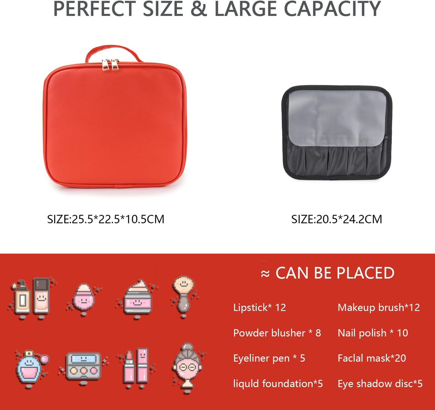 Makeup Bag with Led Mirror,Travel Makeup Organizer with 3 Color Setting, Portable Storage and Adjustable Dividers Travel Makeup Bag(red)