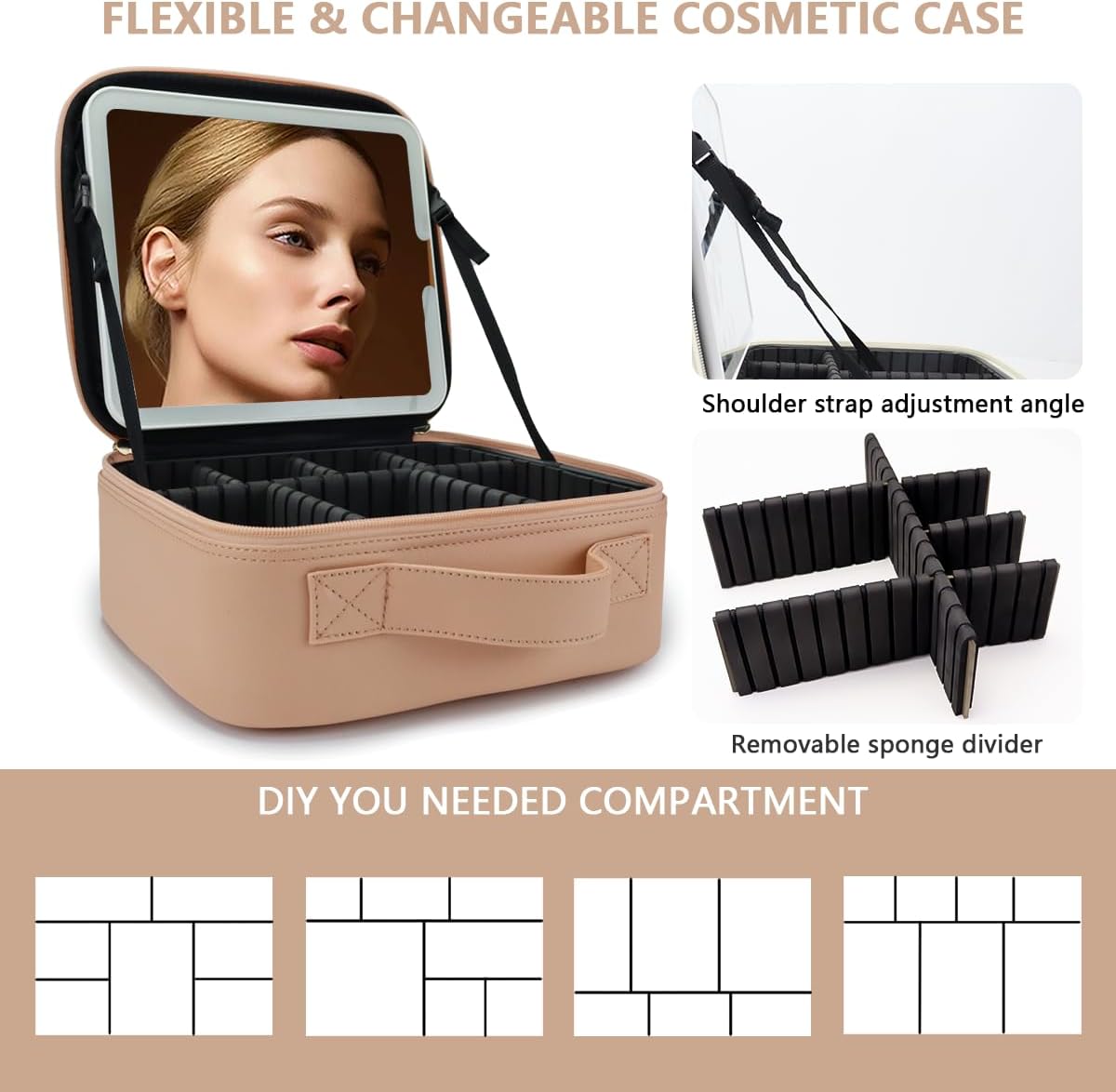 Travel Makeup Bag for Makeup Artists Large Makeup Case,with Mirror 3 Color Setting and Detachable 10x Magnifying Mirror Travel Makeup Bag,Portable Storage and Adjustable Dividers（khaki）