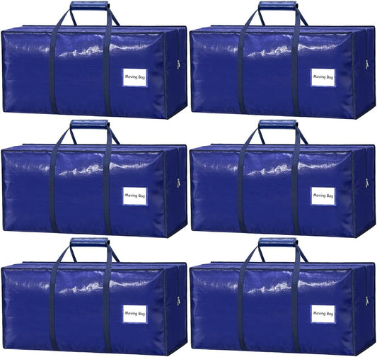6 Pack Heavy Duty Moving Bags with Padded Wrap Around Handles-Strengthened Zipper Extra Large Storage Totes for Dorm College Clothes