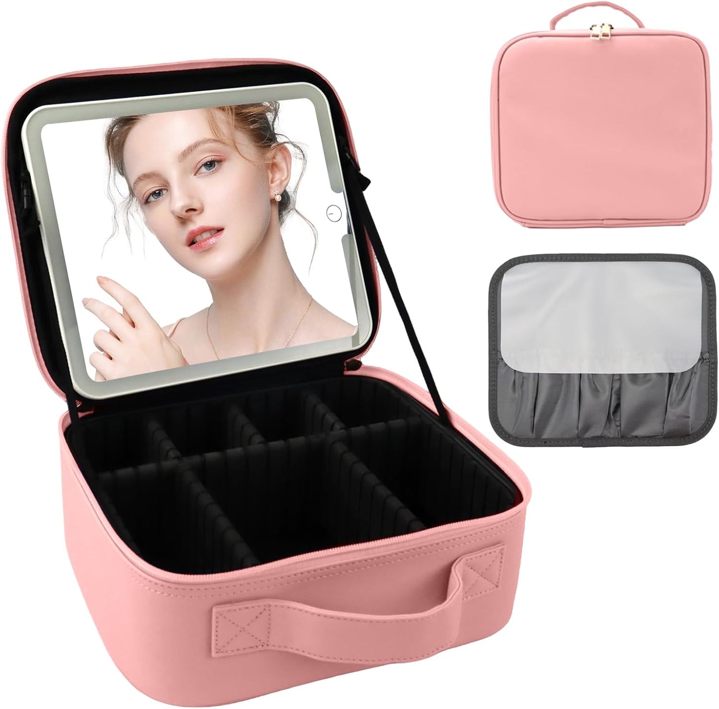 Travel Makeup Bag with LED Mirror Makeup Case with Light Up Mirror Portable Cosmetic Brush Organizer Bag with Adjustable Dividers for Cosmetics Makeup Brushes Toiletry (Pink)