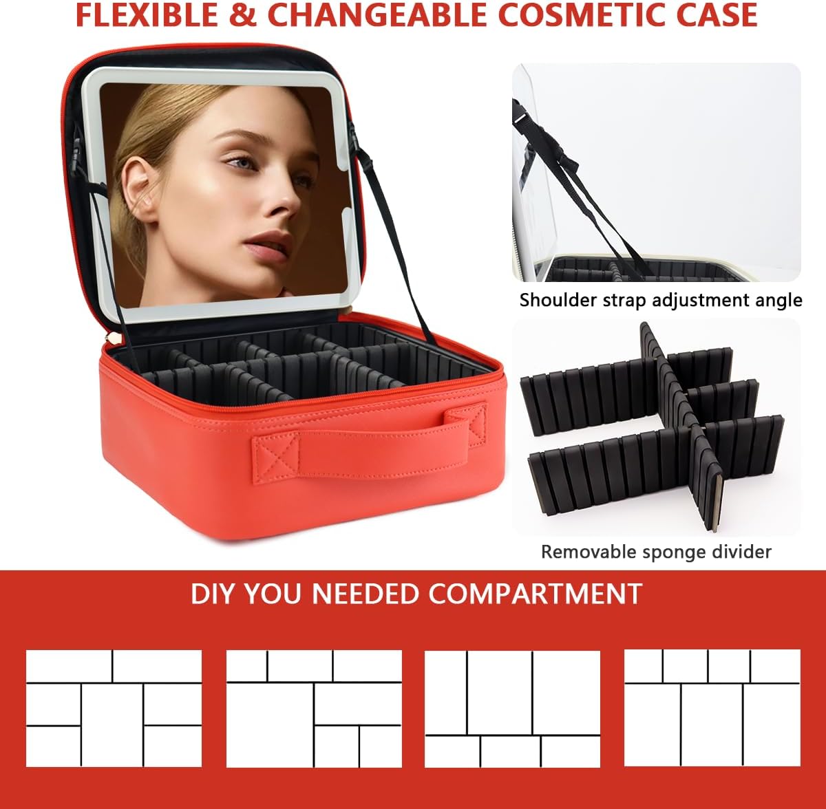 Travel Makeup Bag for Women and Makeup Artists Cosmetic Organizer Large Makeup Case,Travel Makeup Bag with Mirror 3 Color Setting,Portable Storage and Adjustable Dividers(red)