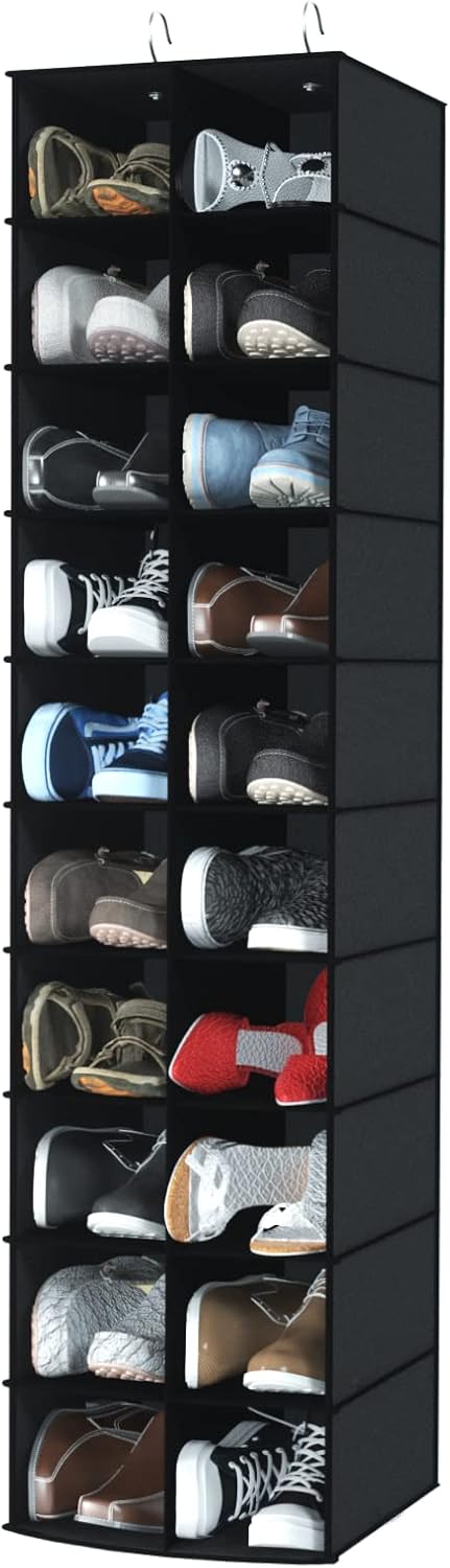 coastal rose Hanging Shoe Organizer for Closet, 20 Sections Hanging Closet Organizers and Storage Shelves, Space Saving Hanging Shoe Rack, Black, 12''W×12''Dx 50''H