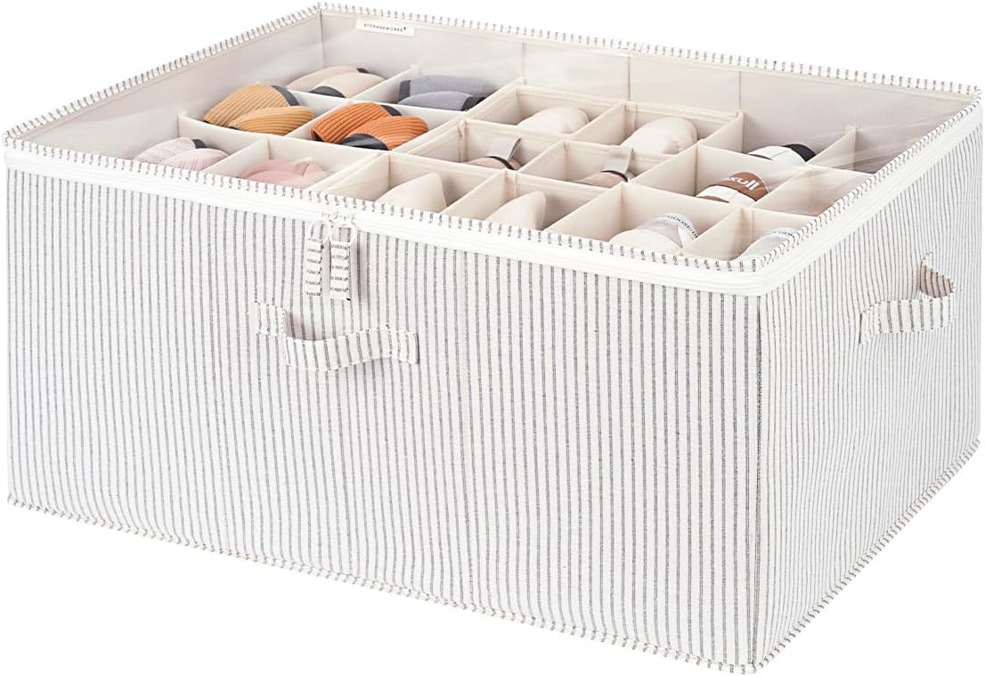 StorageWorks Shoe Organizer for Closet, Fits up to 24 Pairs, Shoe Cubby Storage Containers with Adjustable Dividers and Clear Cover, Gray and White Stripes