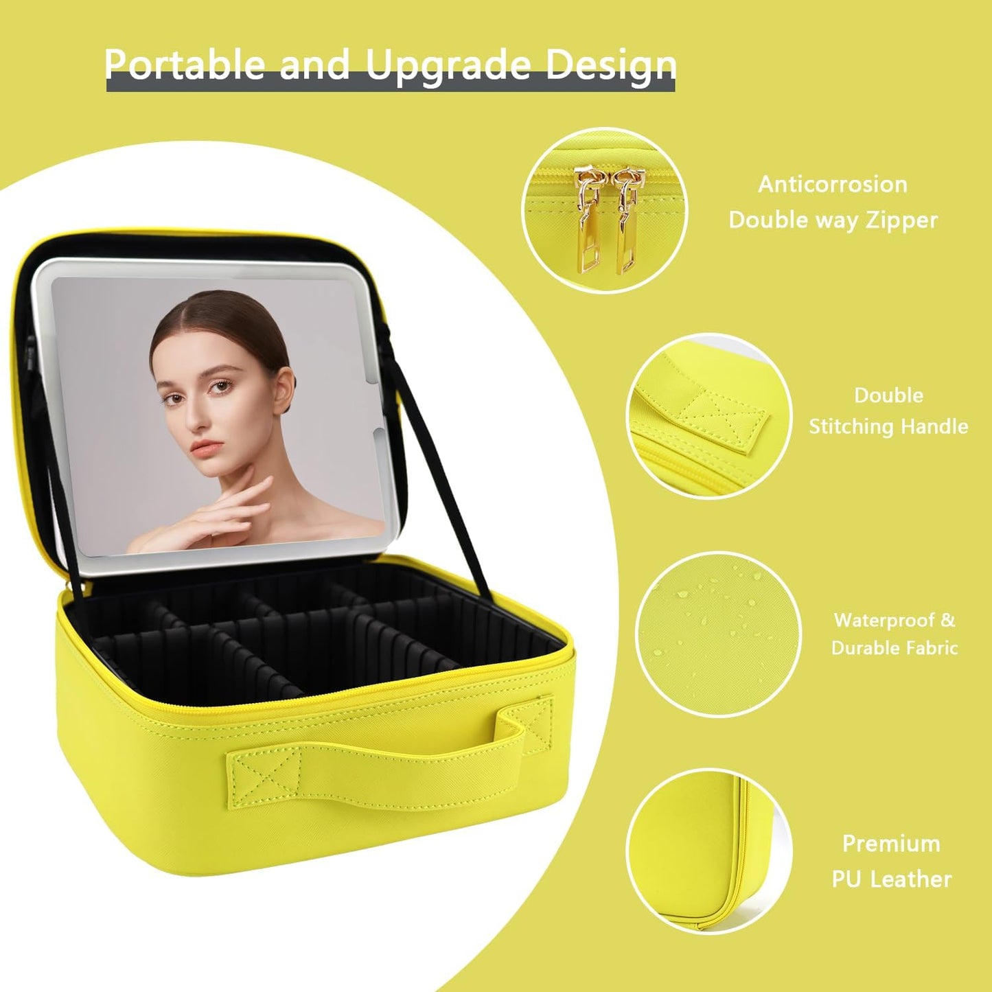 Makeup Bag with Led Mirror,Travel Makeup Organizer with 3 Color Setting, Portable Storage and Adjustable Dividers Travel Makeup Bag(yellow)