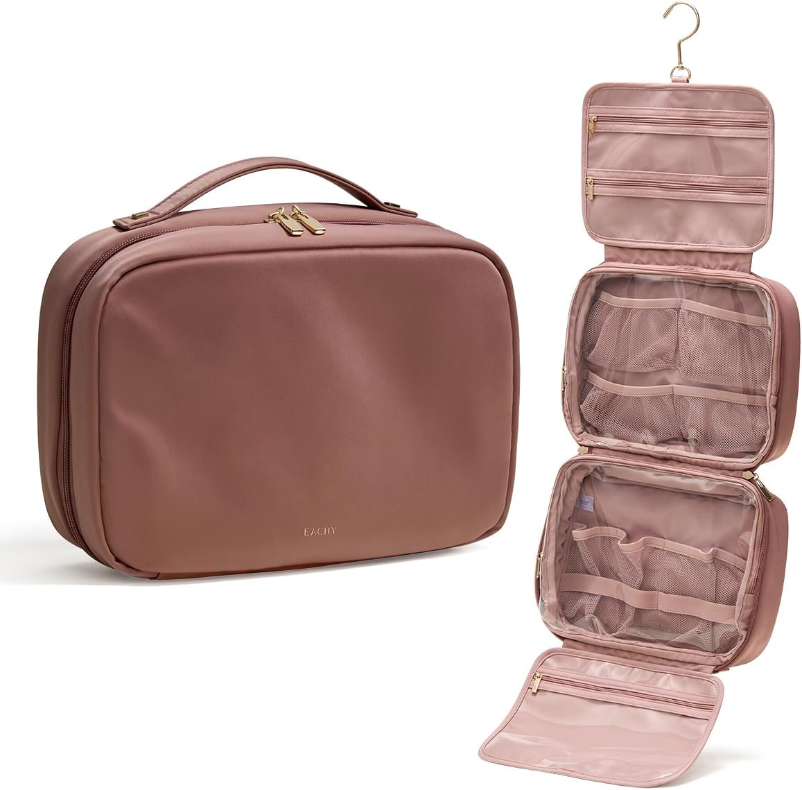 EACHY Hanging Toiletry Bag, Satin 4 Compartments Travel Toiletry Bags for Women, Large Capacity Make Up Organizer Bag with Handle & Compartments (Rose-Pink, L)