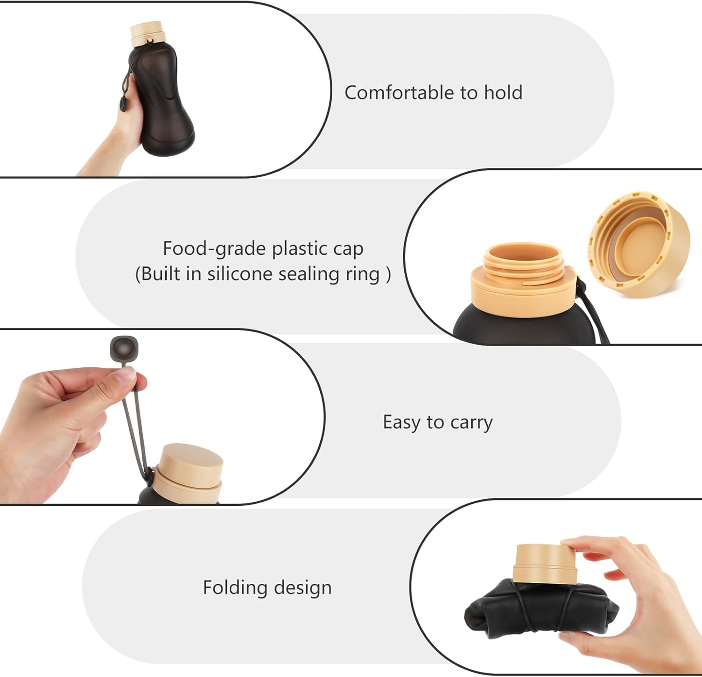 Collapsible Water Bottles 2 Pack,Leak Proof,Reuseable BPA Free Silicone Foldable Water Bottles,Durable Lightweight for Travel Gym Camping Hiking,Compact Size Portable Sports Water Bottle (Black&Grey)