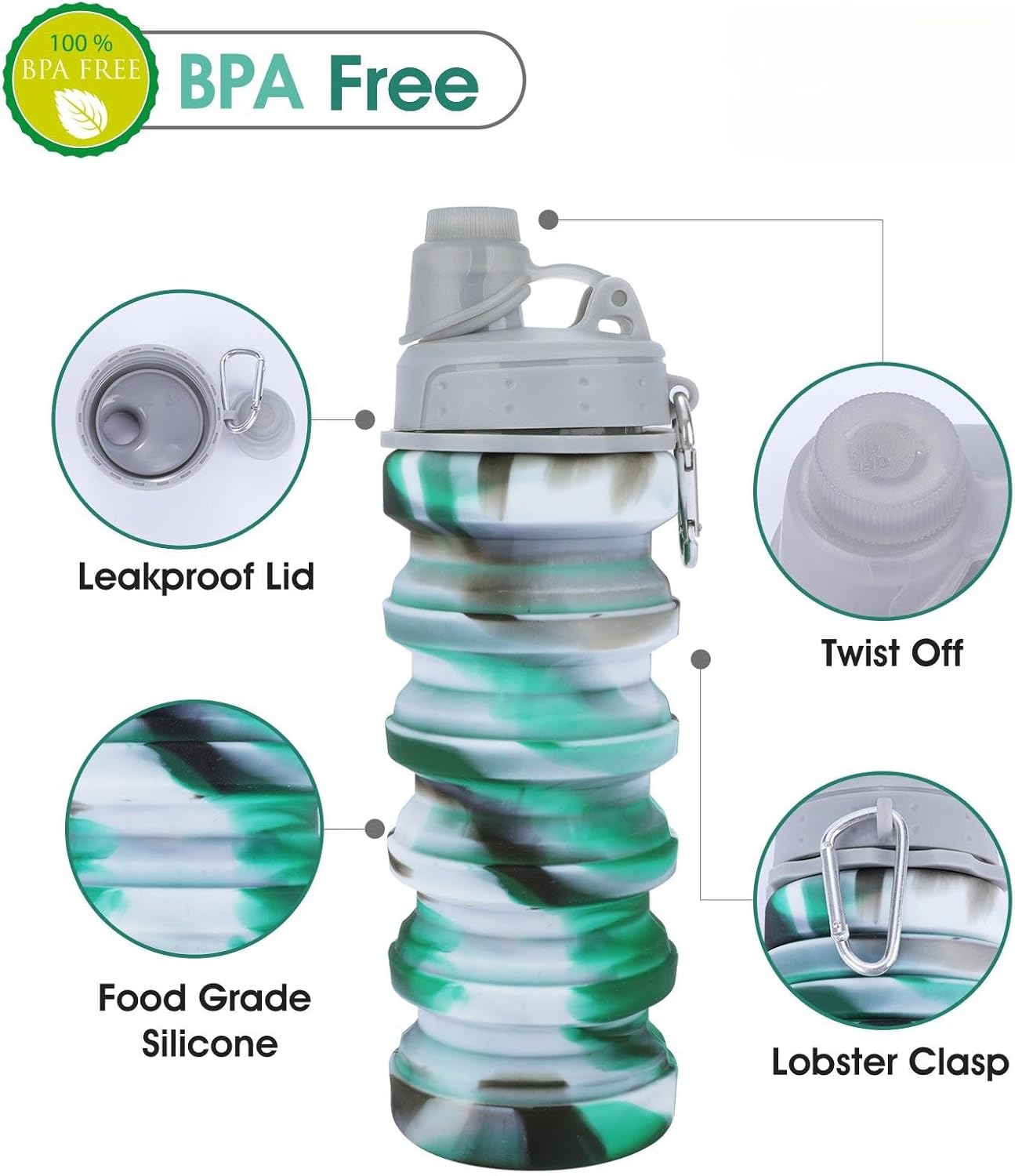 Collapsible Water Bottle for Adults, Boys, Students, Kids, Reusable Silicone Foldable Water Bottles for Travel Camping Hiking, Portable Sports Water Bottle, Gray & Green