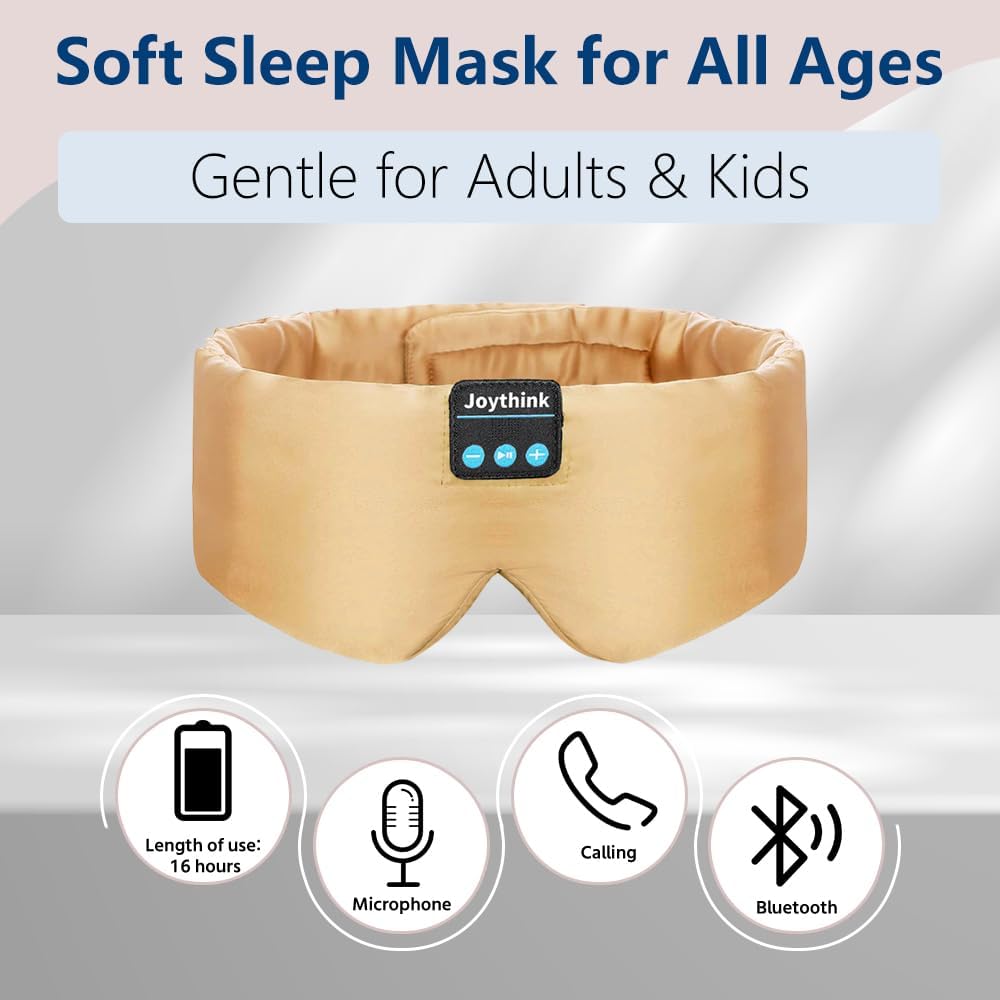 Joythink Sleep Headphones Bluetooth Sleep Mask Silk Headband Earphones Bluetooth Eye Mask for Sleeping On Side Blackout Soft Sleep Earphones Kids Children Music Eye Cover Champagne Gold