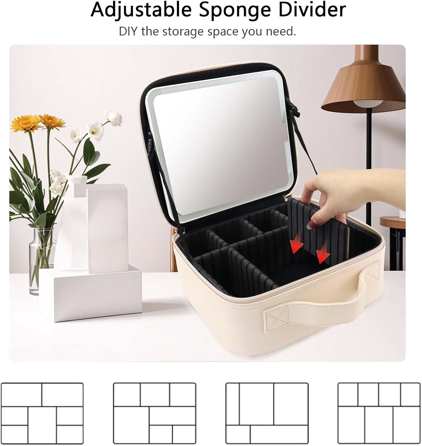 Travel Makeup Bag with LED Mirror Travel Makeup Organizer with 3 Lighted Settings, Adjustable Dividers and Makeup Brush Storage Bag White