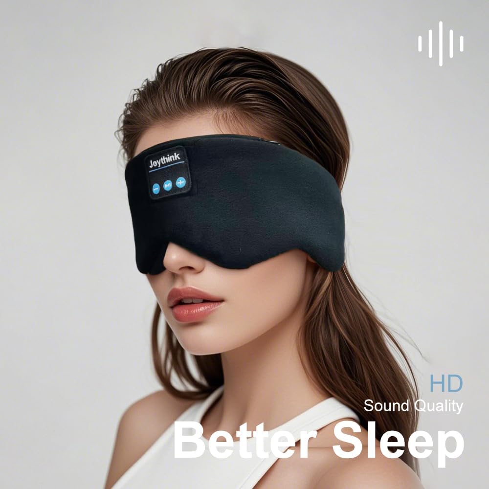 Joythink Sleep Mask Headphones Silk Wireless Bluetooth Headband Eye Mask for Side Sleepers Blackout for Airplane Travel Men Women Black