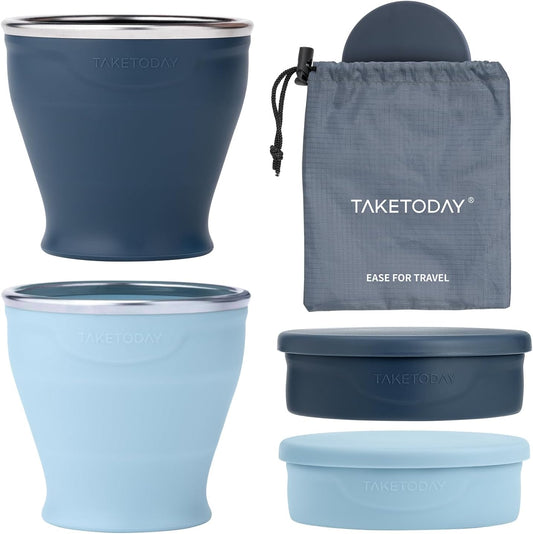 TakeToday 2PCS Collapsible Travel Cup - Silicone Foldable Water Cup, BPA-Free with Lid & Waterproof Bag - Drinking Cup Set for Camping, Outdoors & International Travel（8 Oz, Navy & Blue）