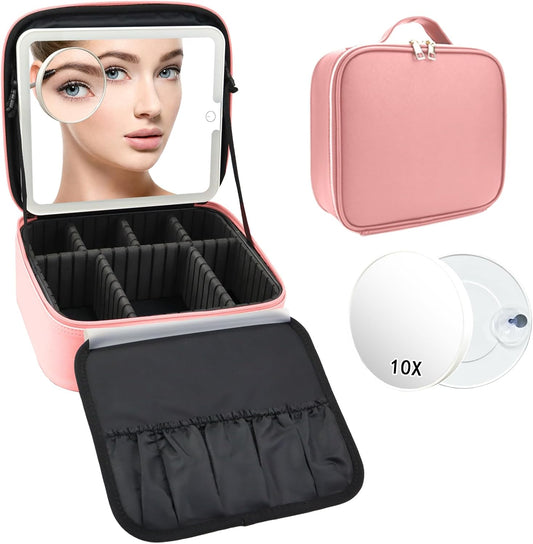Travel Makeup Bag with LED Mirror and 10x magnifying glass with 3 Lighted Settings, Adjustable Dividers and Makeup Brush Storage Bag Pink