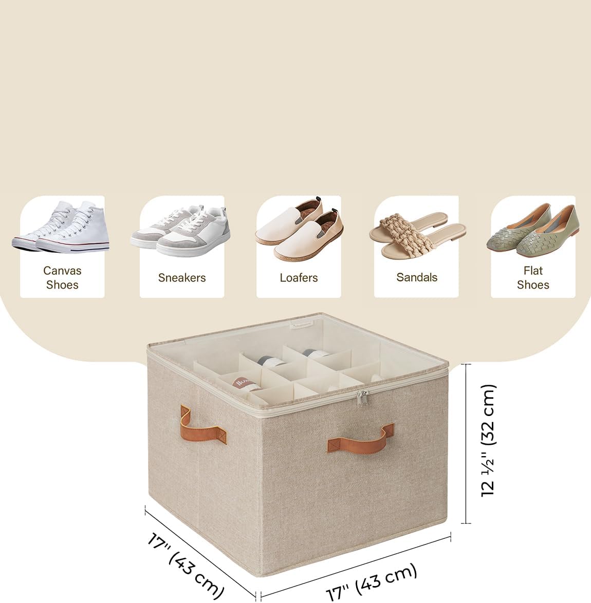 StorageWorks Shoe Organizer for Closet, Fits up to 16 Pairs, Shoe Cubby Storage Containers with Adjustable Dividers and Clear Cover, Mixing of Brown & Beige