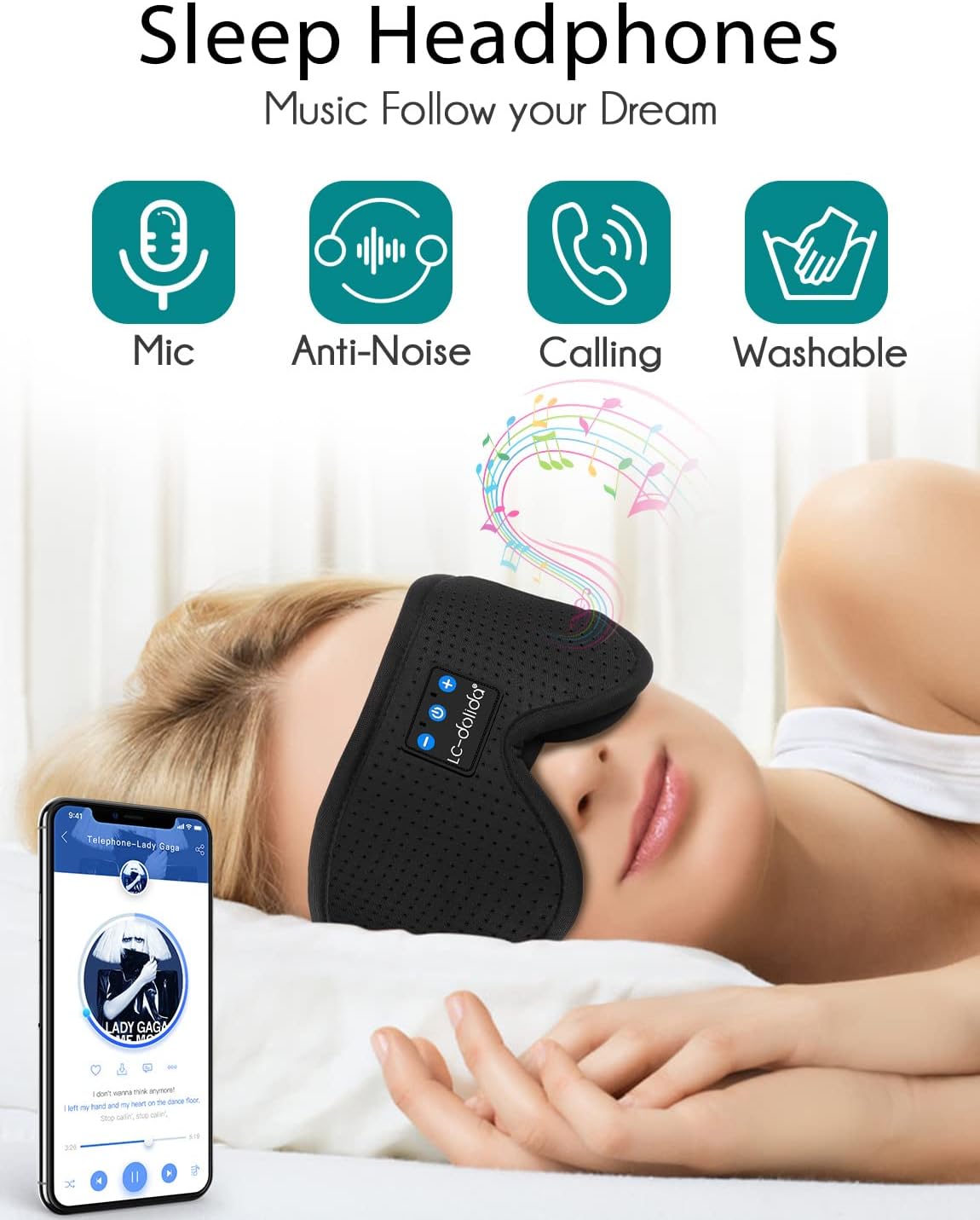 LC-dolida Sleep Mask with Bluetooth Headphones,Sleep Headphones Bluetooth Sleep Mask 3D Sleeping Headphones for Side Sleepers Best Gift and Travel Essential (Elegant Black)