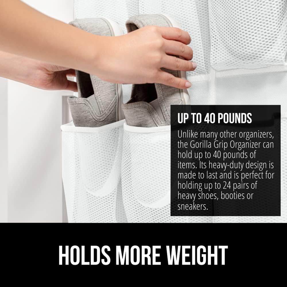 GORILLA GRIP Over the Door Shoe Organizer, 24 Large Breathable Mesh Pockets, Space Saving Hanging Storage Holder, Closet Rack Hanger Holds Up to 40 lbs, Hangs on Closets for Shoes, Accessories, White