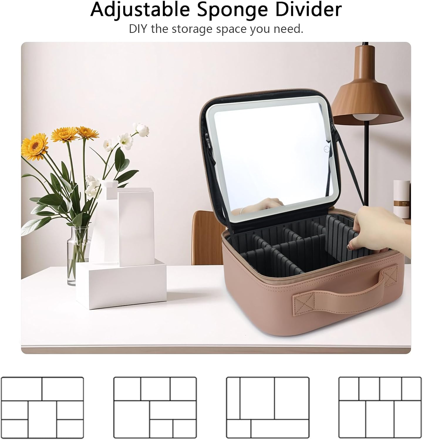 Travel Makeup Bag with LED Mirror Travel Makeup Organizer with 3 Lighted Settings, Adjustable Dividers and Makeup Brush Storage Bag Mocha