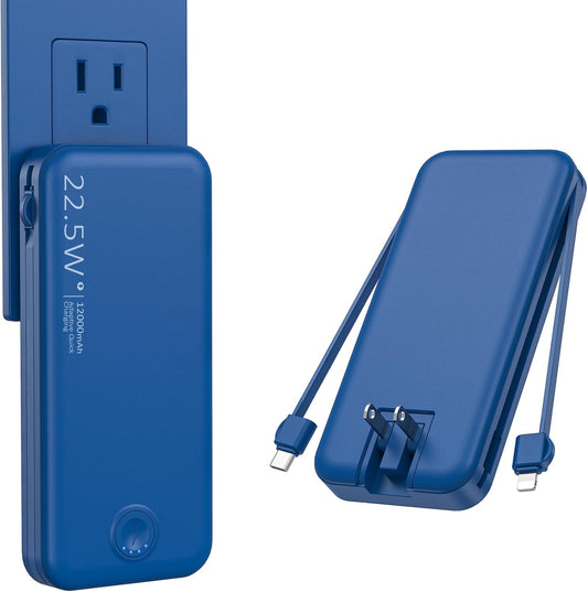 Portable Charger with Built in Cable and AC Wall Plug, USB C Power Bank 12000mAh 22.5W Super Fast Charging, Lightweight Portable Phone Charger Travel Battery Pack for iPhone, Samsung, Tablets (Navy)