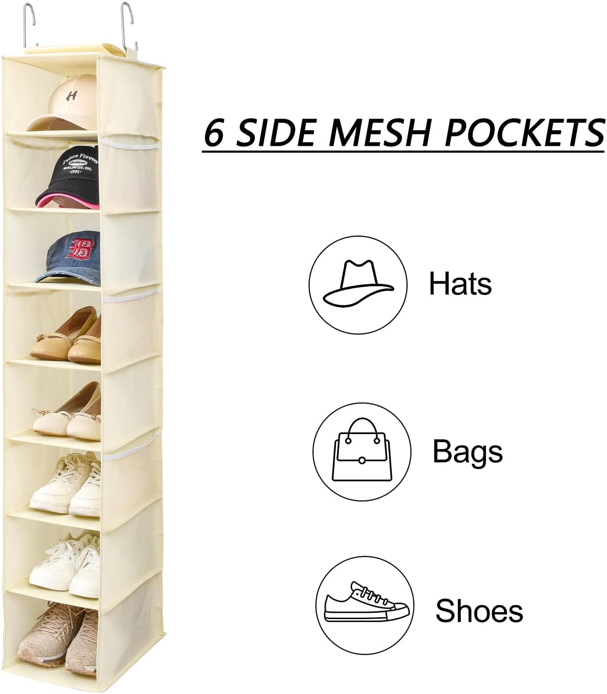 Hanging Shoe Organizer for Closet with Side Mesh Pockets，Hat Racks for Baseball Caps，Shoe and Hat Holder & Storage，8-Shelf，Beige，2 Pack