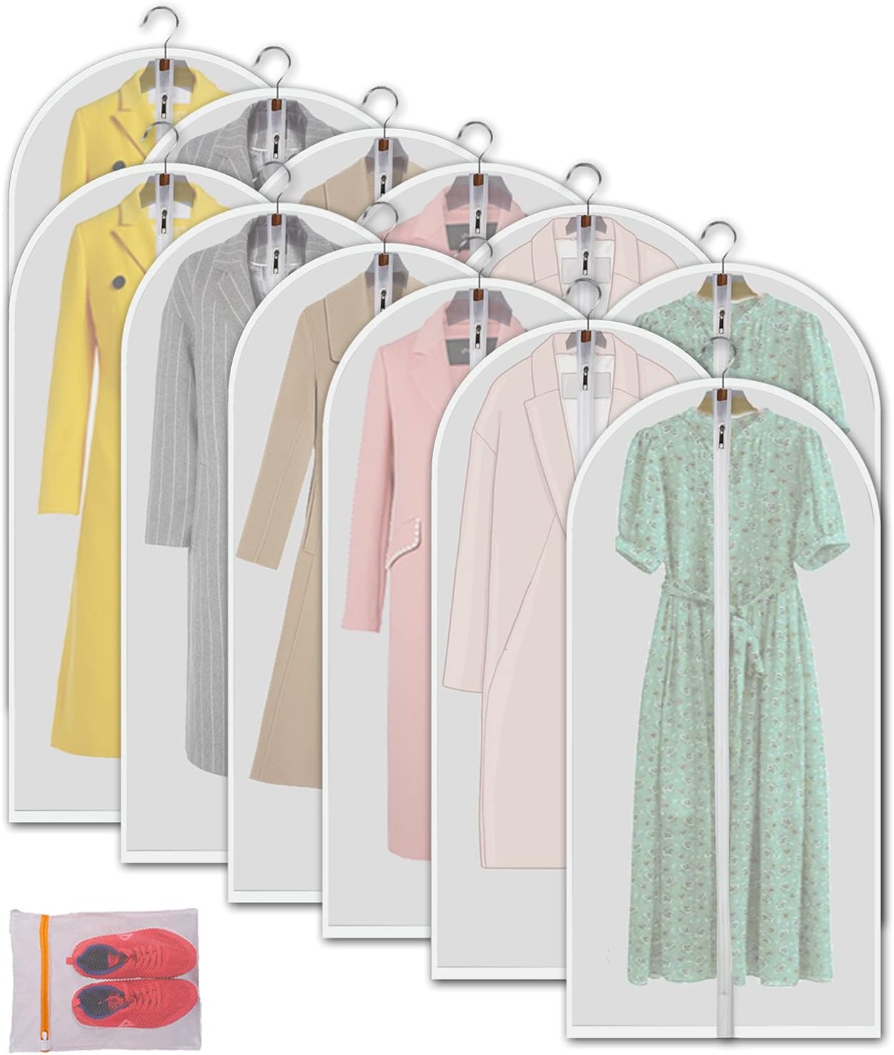 Clear Garment Bags Hanging Clothes Bags (Set of 12) for Closet Storage Plastic Bag with Zipper for Suit, Sweaters Travel Laundry Wardrobe Closet Garment Dust Cover Bags - 24'' x 48''/12 Pack