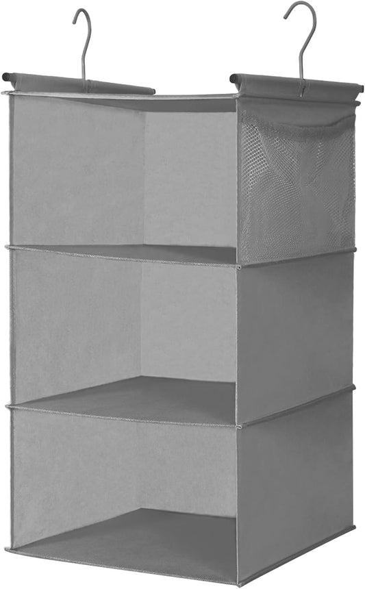 MAX Houser 3 Tier Shelf Hanging Closet Organizer, Space Saver,Closet Hanging Shelf with 2 Sturdy Hooks for Storage, Foldable (Grey)