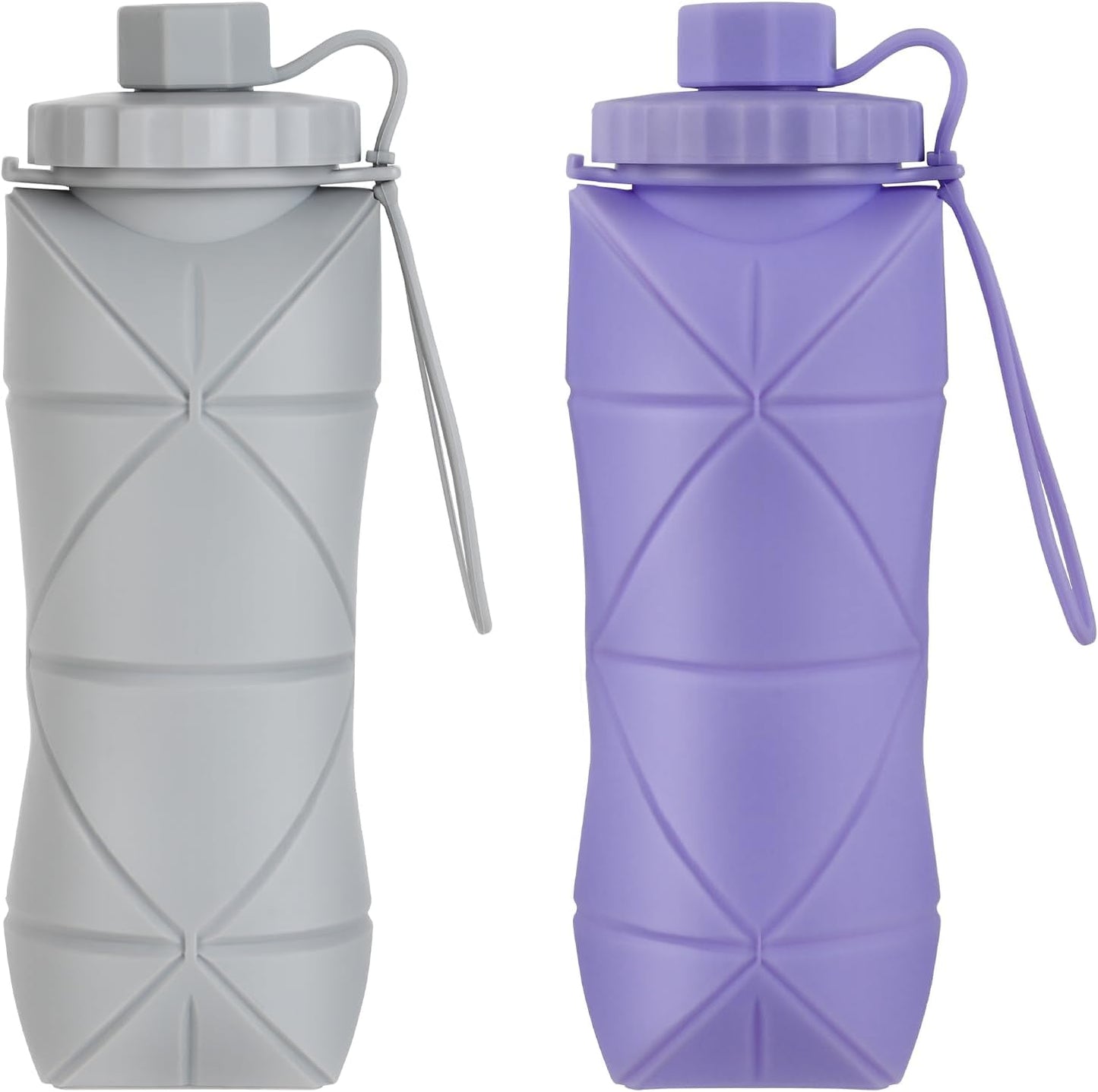 YCT Collapsible Silicone Travel Water Bottle 20oz (600ml), Reuseable Leakproof BPA Free Foldable Sports Bottle, with Carrying Strap, Light Gray + Purple