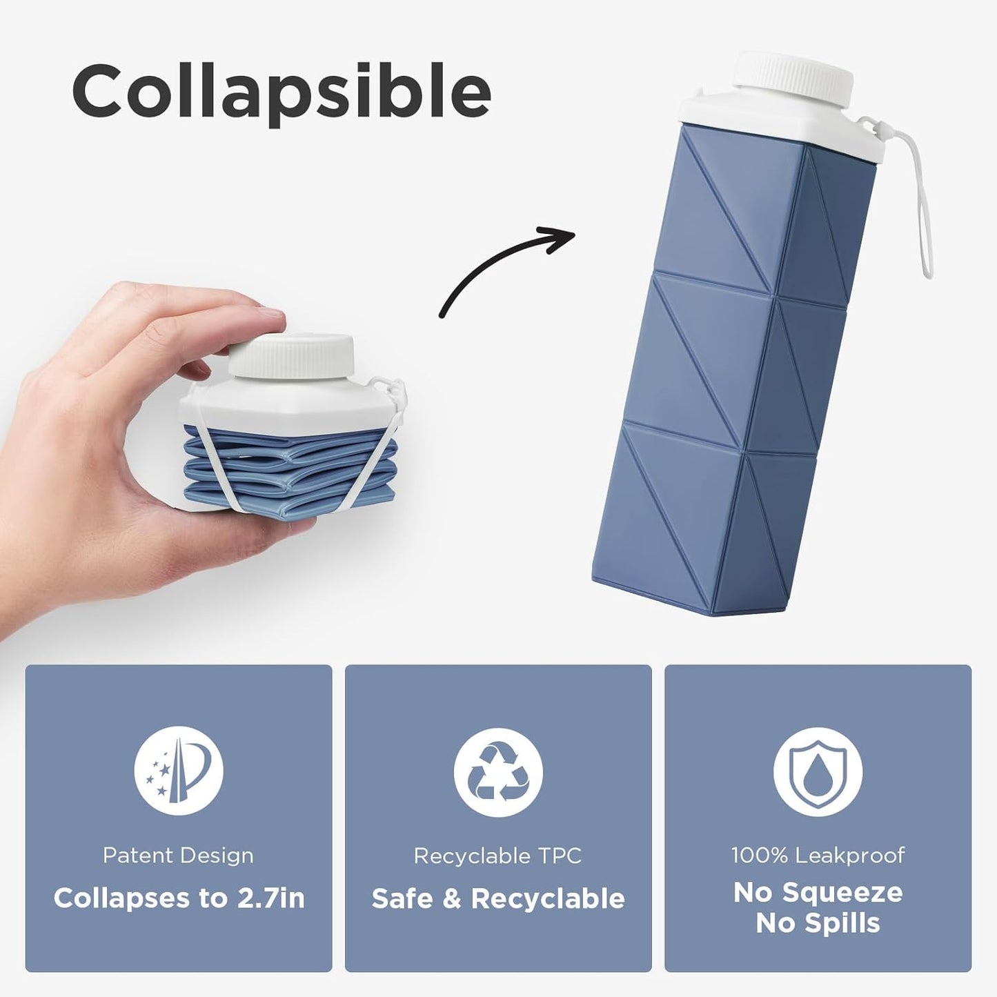 POMKAKA Collapsible Water Bottles 24.3oz(720ml), 2nd Generation Leakproof BPA-Free Travel Water Bottle,Lightweight Reusable Water bottle for Travel Cycling Gym Camping Sports,Blue