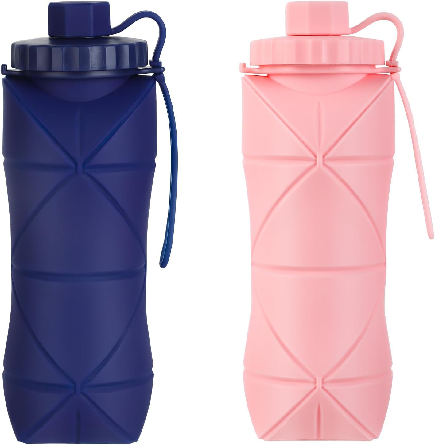 YCT Collapsible Silicone Travel Water Bottle 20oz (600ml), Reuseable Leakproof BPA Free Foldable Sports Bottle, with Carrying Strap, Dark Blue + Pink