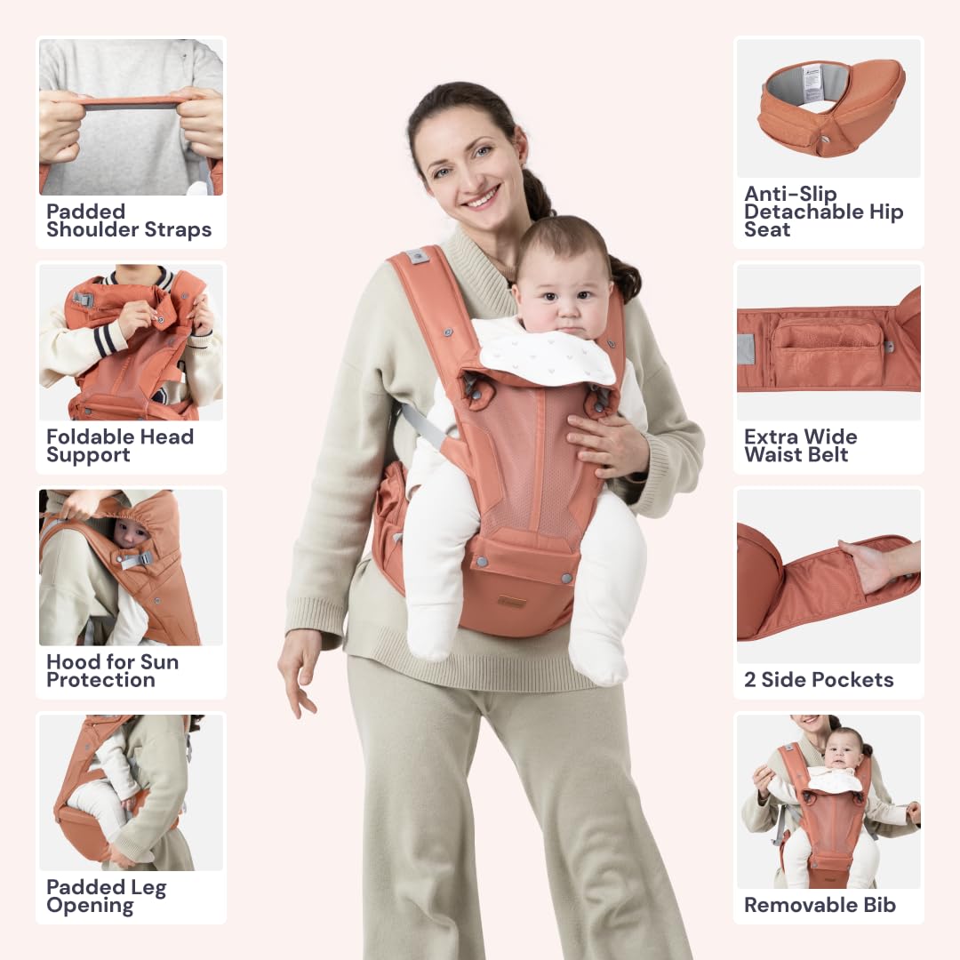 BabbleRoo Grow Carrier – 6-in-1 Baby Carrier with Hip Seat, Ergonomic, Cozy & Adjustable Toddler Carrier 7-50 lbs with Hip & Lumbar Support, Hood for Sun Protection, Newborn to Toddler, Kangaroo Rose