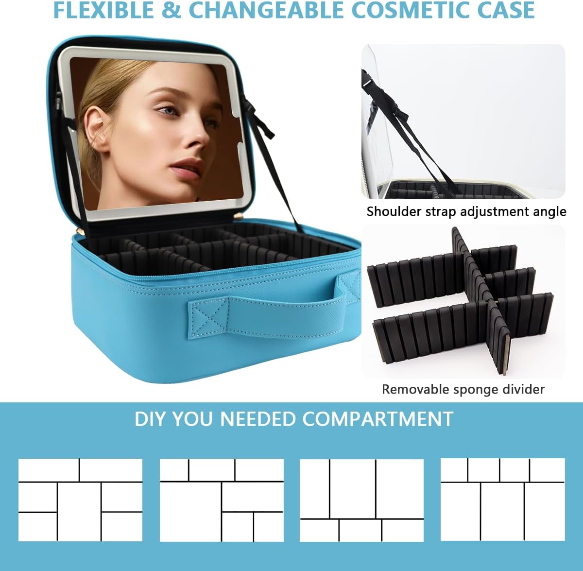 Travel Makeup Bag for Women and Makeup Artists Cosmetic Organizer Large Makeup Case,Travel Makeup Bag with Mirror 3 Color Setting,Portable Storage and Adjustable Dividers(blue)