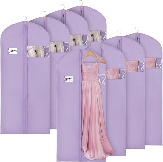 Syeeiex 60'' Garment Bags for Hanging Clothes, Set of 8 Dress Bags for Gowns, Garment Bags for Closet Storage for Gowns, Evening Dresses, Fur Coat, Long Dress(Purple)