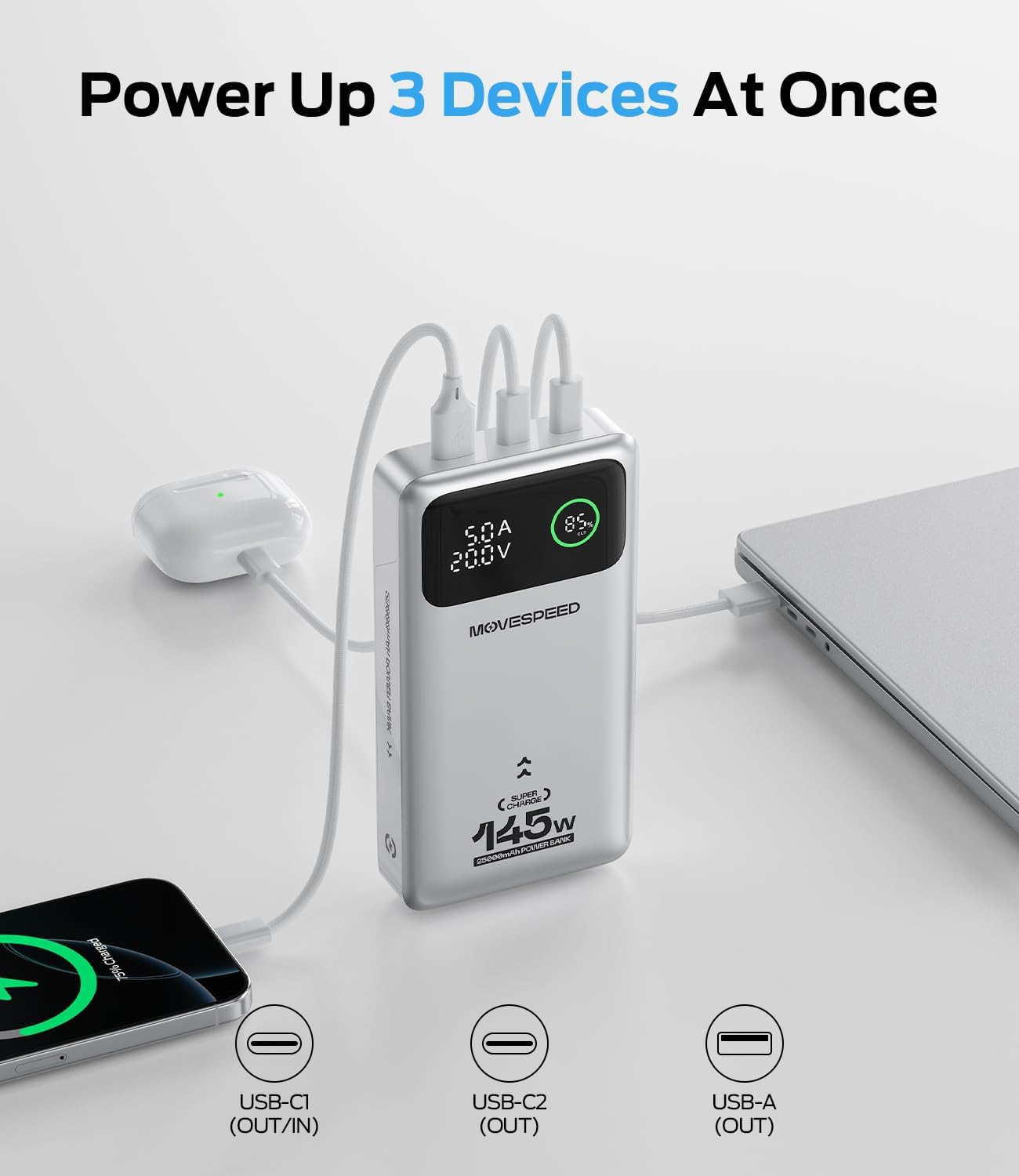 MOVE SPEED 145W Laptop Power Bank, PD 3.1 25,000mAh Fast Charging Portable Charger with 240W Type C Cable, USB C 3-Port with Digital Display Travel Outdoor Charger for iPhone, Dell, MacBook, Galaxy