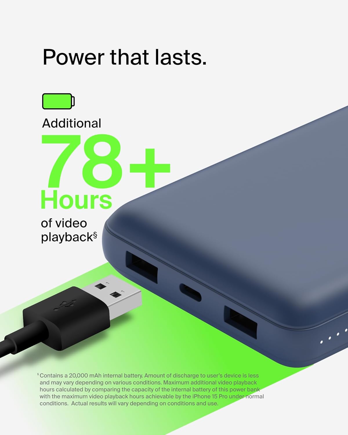 Belkin Portable Charger, USB C Power Bank 20000 mAh w/ 2 USB-A Ports, 15W w/ Type-A to Type-C Cable for iPhone 16, 15, Plus, Pro, Max, Samsung Galaxy S25, S24, Google Pixel 10, iPad, etc. - Blue