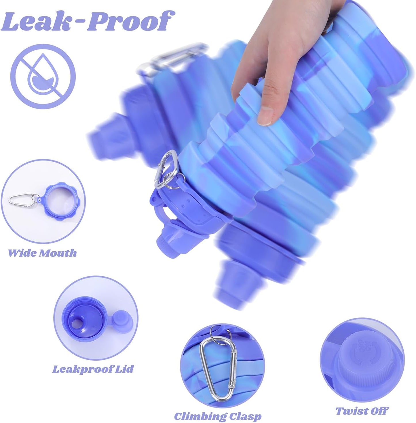 Collapsible Water Bottle for Adults, Boys, Students, Kids, Reusable Silicone Foldable Water Bottles for Travel Camping Hiking, Portable Sports Water Bottle, Purple & Blue